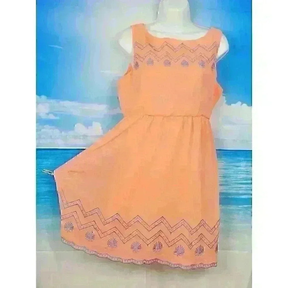 FLYING TOMATO Womans PEACH Dress LINED Zip Back TEAL Embroidered accent size 5 - Picture 2 of 4